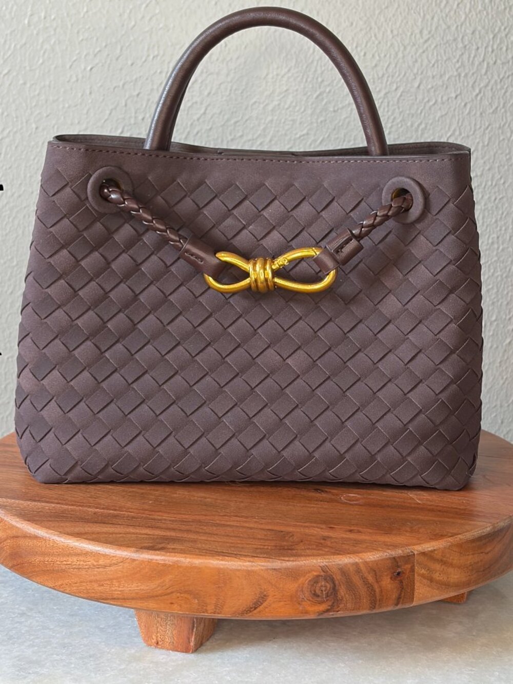 Brown Woven Vegan Suede Top Handle Crossbody Satchel Bag Gold Knot Accent - Picture 2 of 5